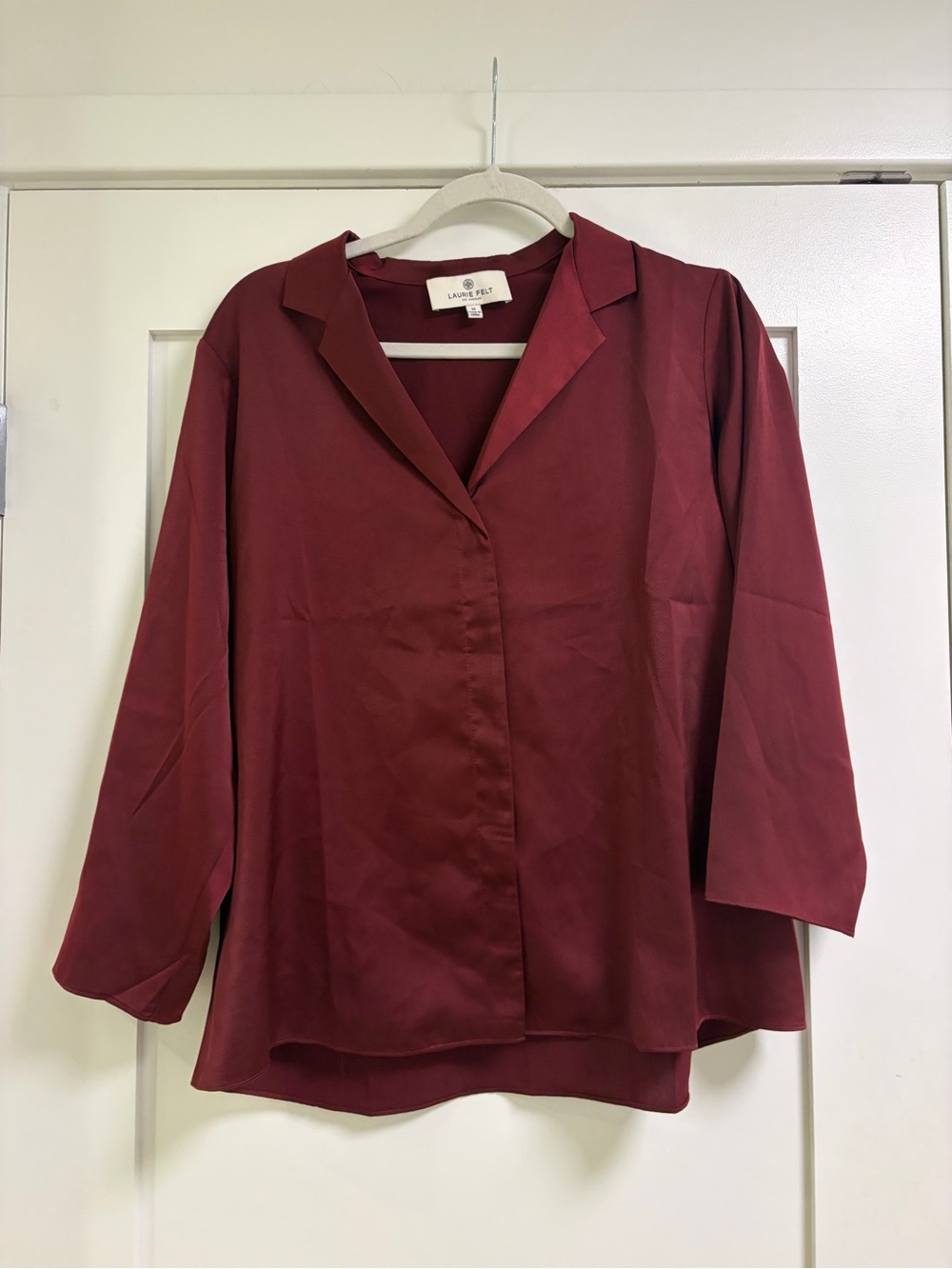 Laurie Felt Wine-Red Satin Notch Collar Blouse